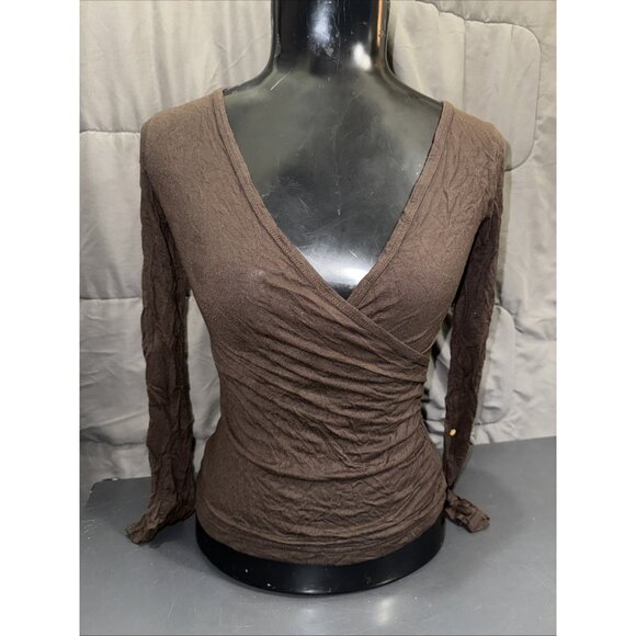 H&M Womens XS Cross Front Long Sleeve Wrap Blouse Stretch V-Neck Brown Top - Picture 4 of 14